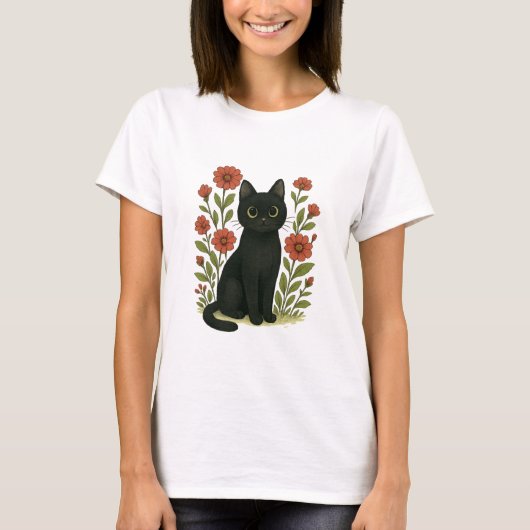 Cute Black Cat & Flower Garden Women’s Tee Tシャツ (正面)