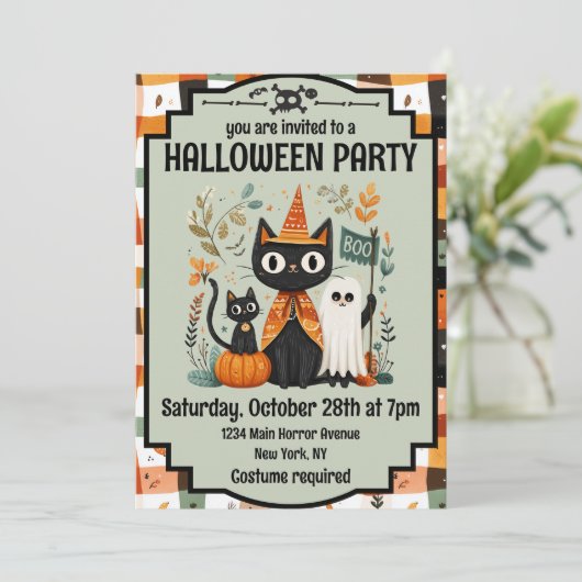 Cute Black Cat & Ghost Halloween Boo 招待状 (スタンド正面)