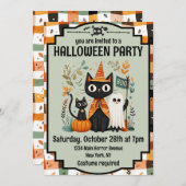 Cute Black Cat & Ghost Halloween Boo 招待状 (正面/裏面)