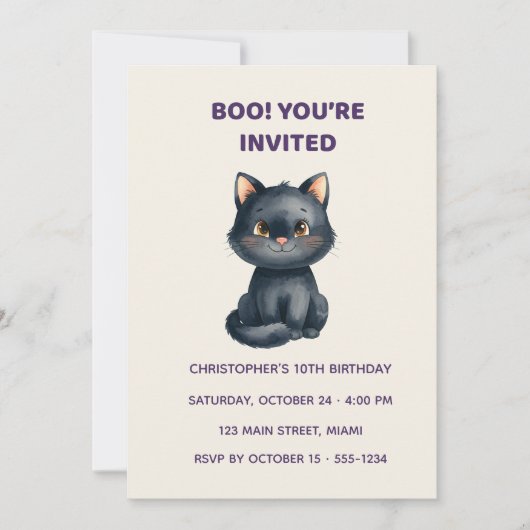 Cute Black Cat Halloween Birthday Invitation | Kid 招待状 (正面)