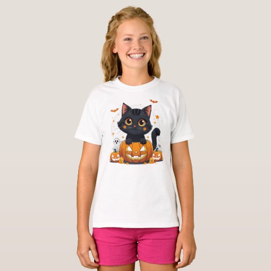 Cute Black Cat Halloween Kawaii Cat Tシャツ (正面フル)