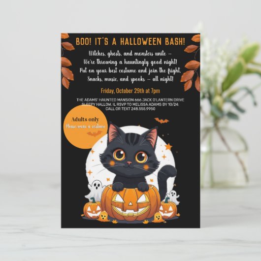 Cute Black Cat Halloween Party Invitation for Adul 招待状 (スタンド正面)