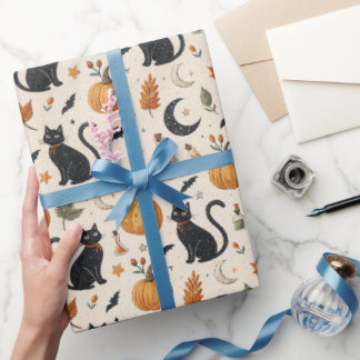 Cute Black Cat Halloween, Pumpkin & Moon Gift Wrap ラッピングペーパー