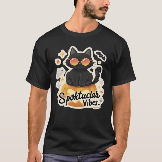 Cute Black Cat Halloween Pumpkin Oversized T-Shirt Tシャツ (正面)