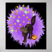 Cute Black Cat Halloween Purple Star Burst ポスター (正面)