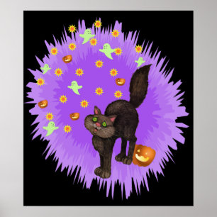 Cute Black Cat Halloween Purple Star Burst ポスター