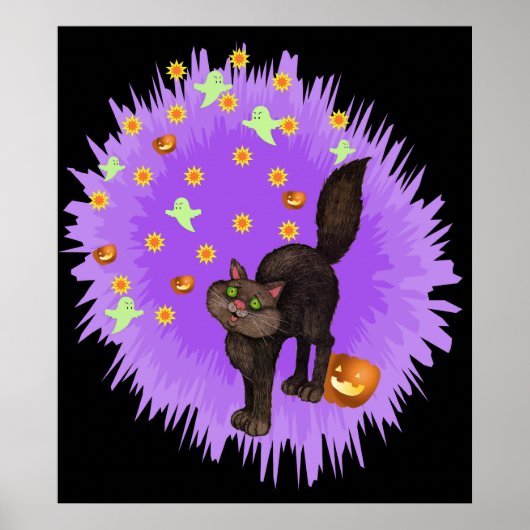Cute Black Cat Halloween Purple Star Burst ポスター (正面)