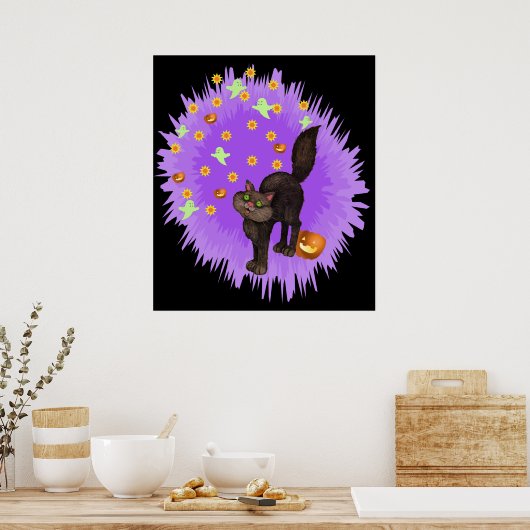 Cute Black Cat Halloween Purple Star Burst ポスター (キッチン)