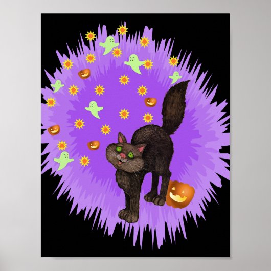 Cute Black Cat Halloween Purple Star Burst ポスター (正面)