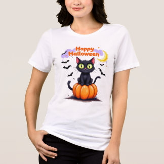 Cute Black Cat Happy Halloween T-Shirt トライブレンドＴシャツ