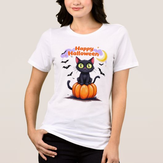 Cute Black Cat Happy Halloween T-Shirt トライブレンドTシャツ (正面)