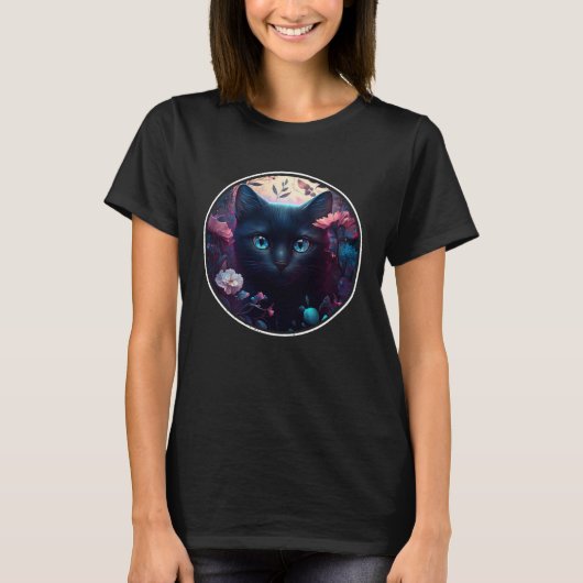 Cute Black Cat Hiding in Spring Flowers Aesthetic  Tシャツ (正面)