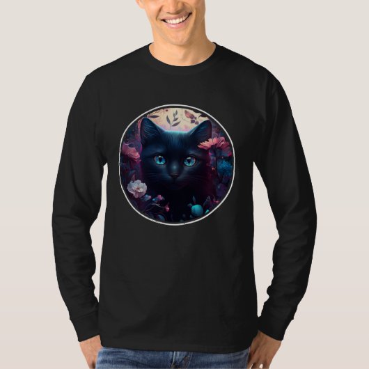Cute Black Cat Hiding in Spring Flowers Aesthetic Tシャツ (正面)