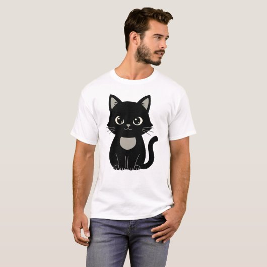 Cute Black Cat Illustration Minimal Cat Lover Desi Tシャツ (正面フル)