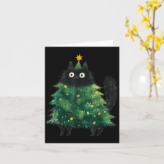 Cute Black Cat In Christmas Tree Cat Lover Holiday カード (黄色い花)