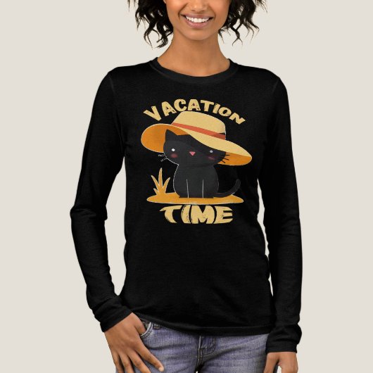 Cute Black Cat in Sun Hat – Vacation Time トライブレンドＴシャツ (正面)
