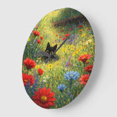 Cute Black Cat in Wildflower Meadow Wall Clock ラージ壁時計 (傾斜)