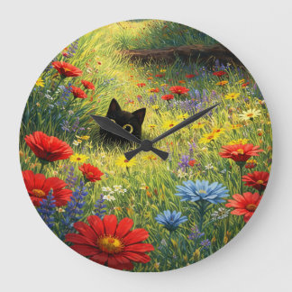 Cute Black Cat in Wildflower Meadow Wall Clock ラージ壁時計