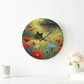 Cute Black Cat in Wildflower Meadow Wall Clock ラージ壁時計 (ホーム)