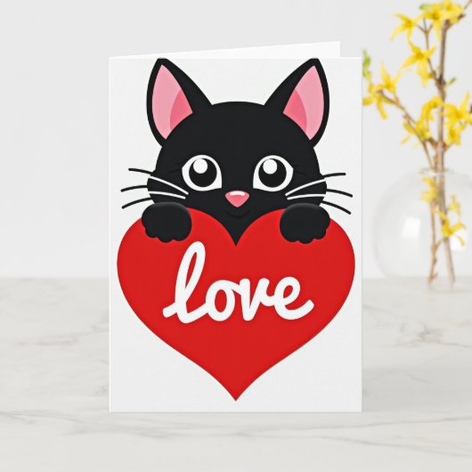 Cute Black Cat Love Heart Card カード (黄色い花)