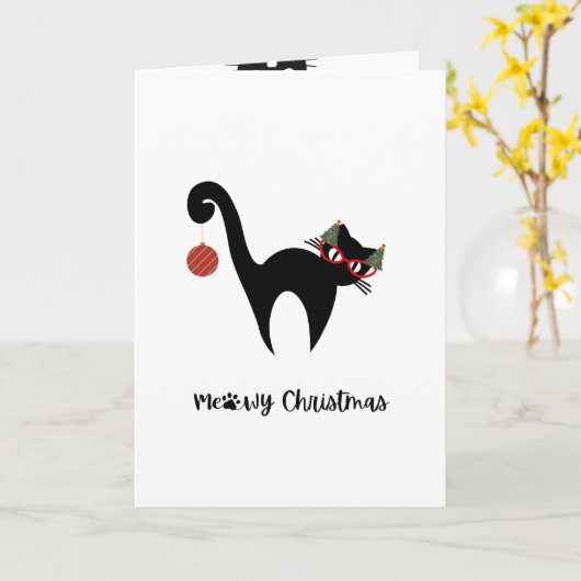 Cute Black Cat Meowy Christmas Greeting Card カード (黄色い花)