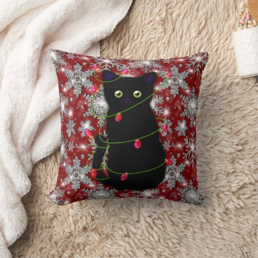 Cute black cat Meowy Christmas sparkling snowflake クッション (ブランケット)
