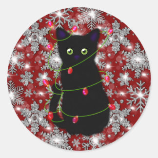 Cute black cat Meowy Christmas sparkling snowflake ラウンドシール