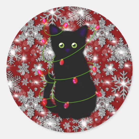 Cute black cat Meowy Christmas sparkling snowflake ラウンドシール (正面)