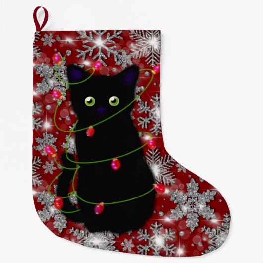 Cute black cat Meowy Christmas sparkling snowflake ラージクリスマスストッキング (正面)