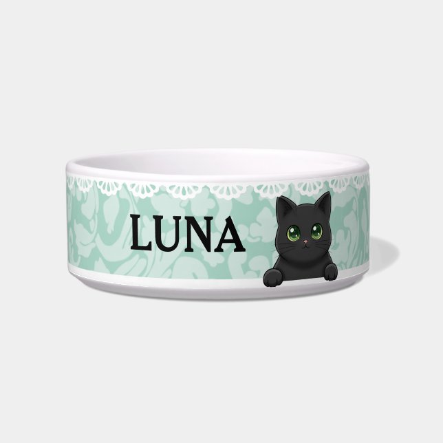 Cute Black Cat Mint Custom Name ボウル (正面)