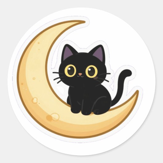 Cute Black Cat on Crescent Moon Sticker ラウンドシール (正面)