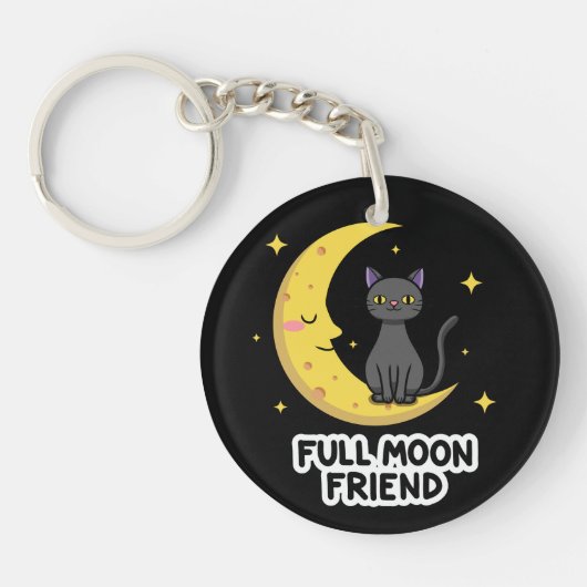 Cute Black Cat on Moon - Full Moon Friend キーホルダー (正面)