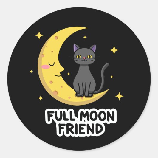 Cute Black Cat on Moon - Full Moon Friend ラウンドシール (正面)