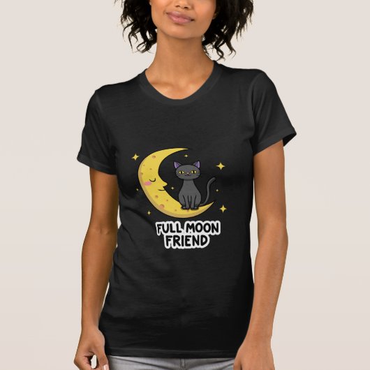 Cute Black Cat on Moon - Full Moon Friend Tシャツ (正面)