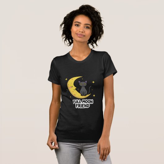 Cute Black Cat on Moon - Full Moon Friend Tシャツ (正面フル)