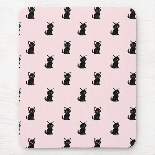 Cute Black Cat Pattern on Pastel Pink マウスパッド (正面)