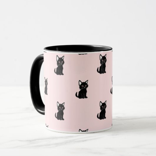 Cute Black Cat Pattern on Pastel Pink マグカップ (正面左)