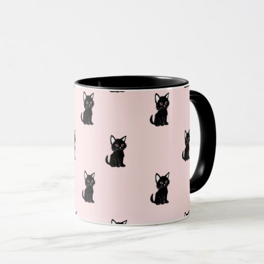Cute Black Cat Pattern on Pastel Pink マグカップ (正面右)