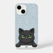 Cute Black Cat Peeking Kawaii Cartoon Blue Damask iPhoneケース (裏面)
