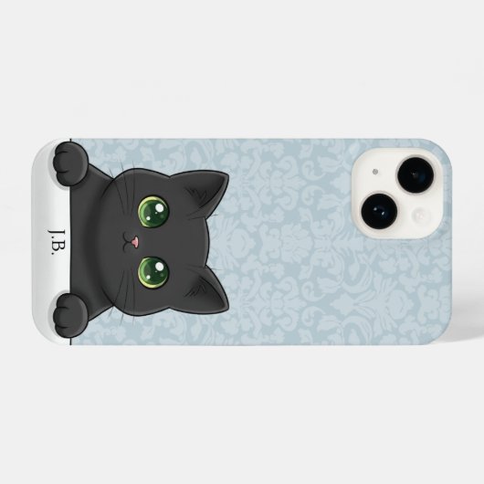 Cute Black Cat Peeking Kawaii Cartoon Blue Damask iPhoneケース (裏面横)