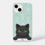 Cute Black Cat Peeking Kawaii Cartoon Mint Damask iPhoneケース (裏面)
