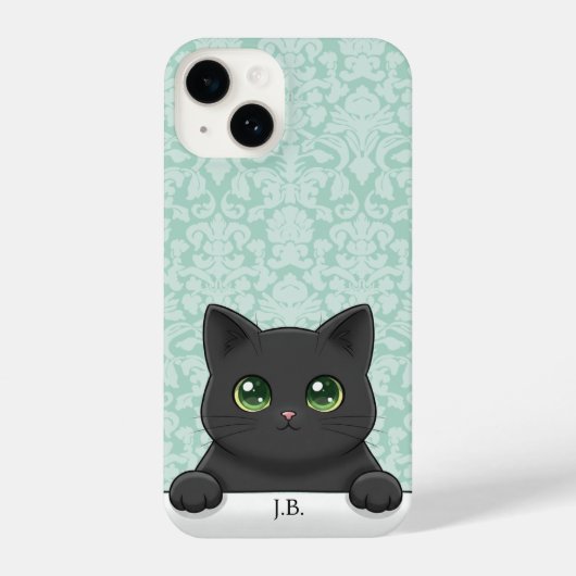 Cute Black Cat Peeking Kawaii Cartoon Mint Damask iPhoneケース (裏面)