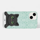Cute Black Cat Peeking Kawaii Cartoon Mint Damask iPhoneケース (裏面横)