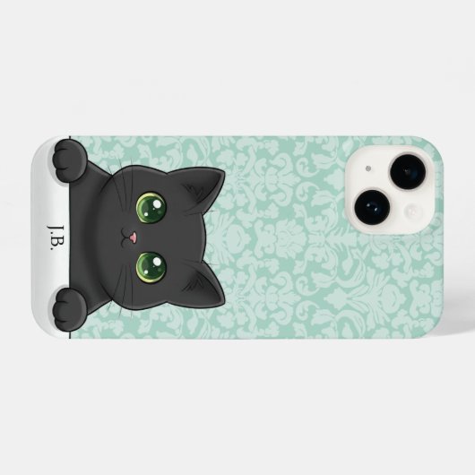Cute Black Cat Peeking Kawaii Cartoon Mint Damask iPhoneケース (裏面横)
