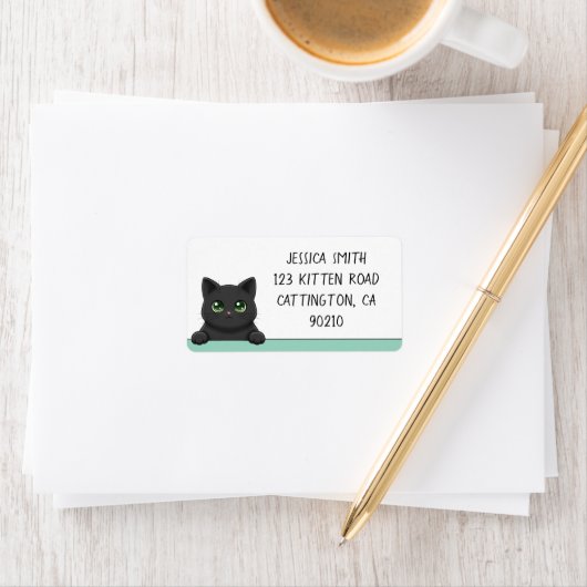 Cute Black Cat Peeking Mint Personalized ラベル (インサイチュ)
