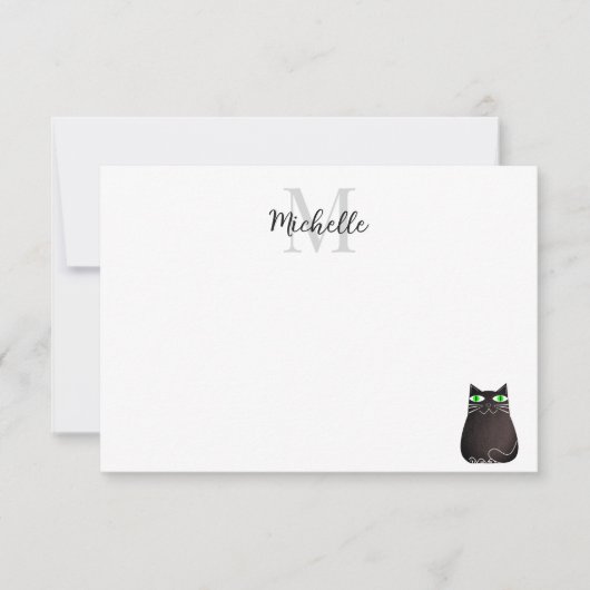 Cute Black Cat Personalized Monogram ノートカード (正面)