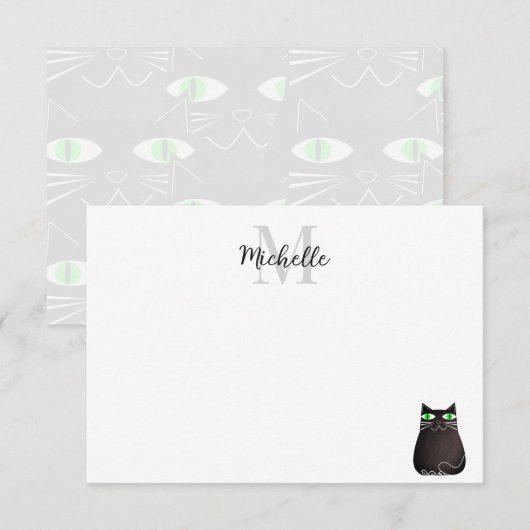 Cute Black Cat Personalized Monogram ノートカード (正面/裏面)