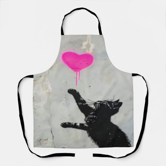 Cute Black Cat Playing with A Pink Heart エプロン (正面)
