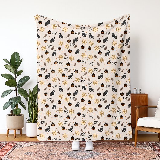 Cute Black Cat Pumpkin Halloween Pattern フリースブランケット