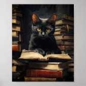 Cute Black Cat Reading a Book Poster ポスター (正面)